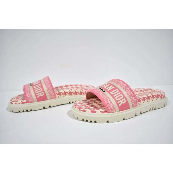 Christian Dior Dway Pink White Logo Houndstooth Slide Mule Flat Sandal 37.5 - Picture 10 of 12